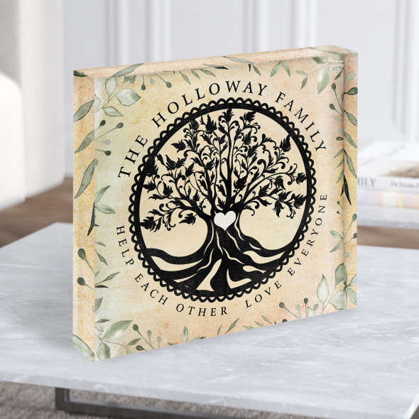 Family Tree Of Life Heart Vintage Foliage Square Personalised Gift Acrylic Block