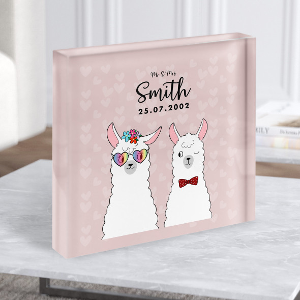 Square Cute Cartoon Llamas Anniversary Wedding Date Gift Acrylic Block