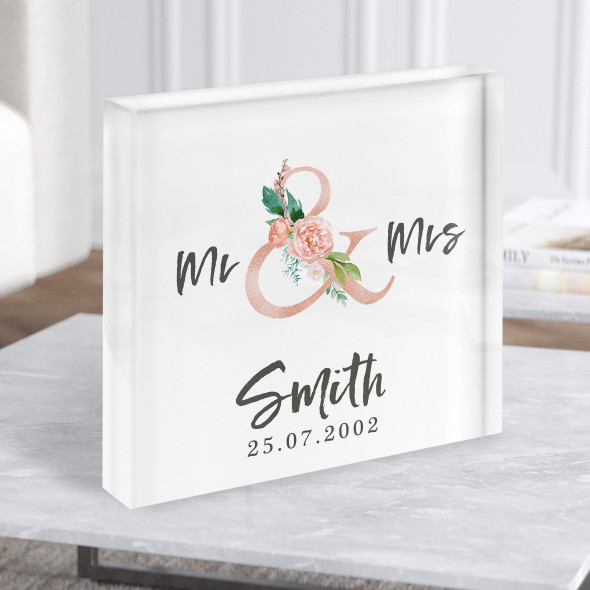 Square Floral Ampersand Anniversary Wedding Date Personalised Gift Acrylic Block