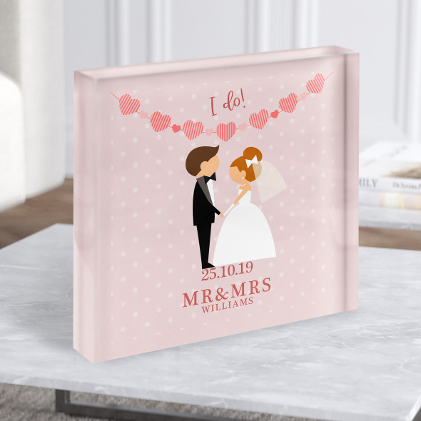 Square Orange Hair Bride & Brown Hair Groom I Do Personalised Gift Acrylic Block