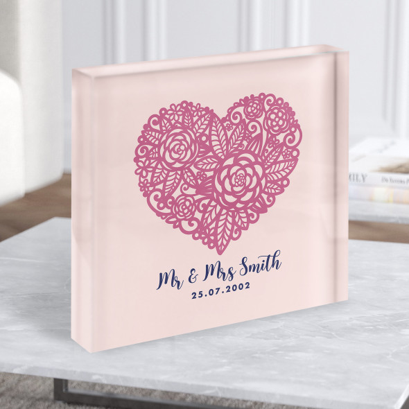 Square Pink Ornament Heart Anniversary Wedding Date Gift Acrylic Block