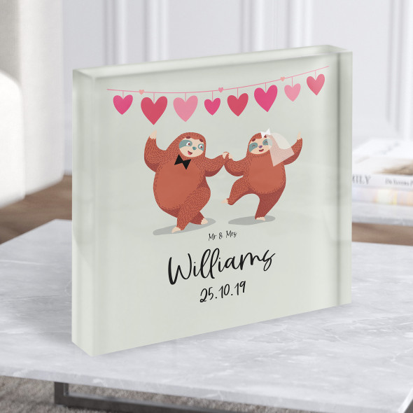 Square Sloths Dancing Anniversary Wedding Date Heart Gift Acrylic Block