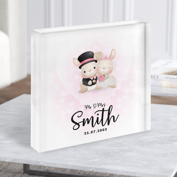 Square Wedding Bunnies Anniversary Pink Wedding Date Gift Acrylic Block