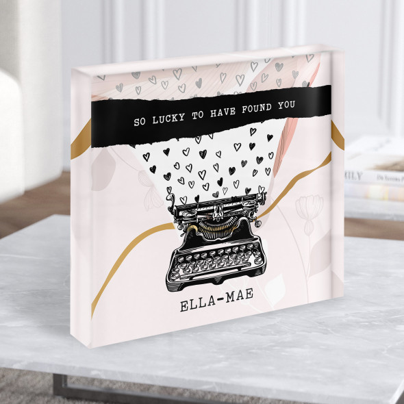 Typewriter Pink Blush Gold Heart Any Name Square Personalised Gift Acrylic Block