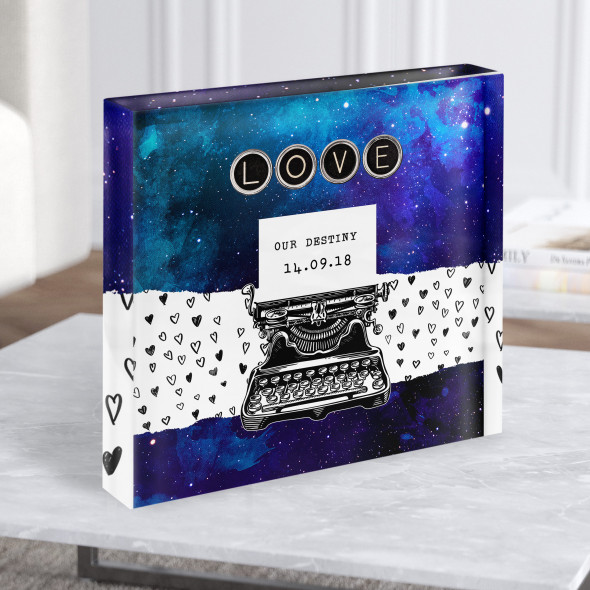 Typewriter Space Our Destiny Blue Purple Date Square Gift Acrylic Block