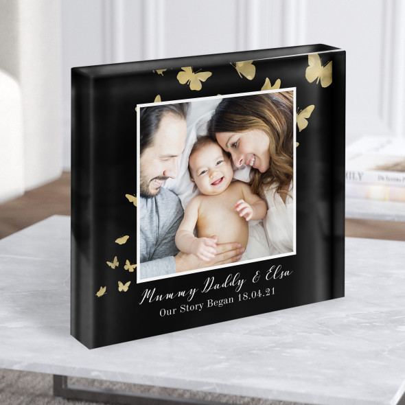 Our Story Began Photo Square Black Gold Butterflies Gift Acrylic Block