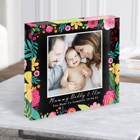 Special Date Photo Black Floral Pink Blue Square Family Gift Acrylic Block