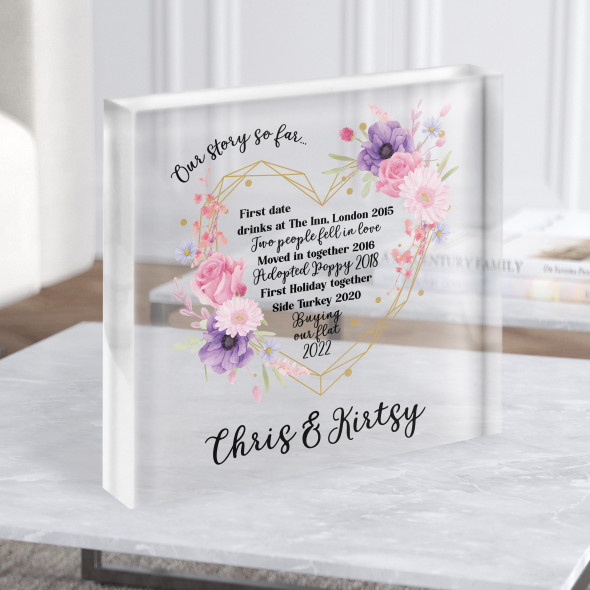 Square Our Story Pink Flowers Heart Special Couple Love Gift Acrylic Block