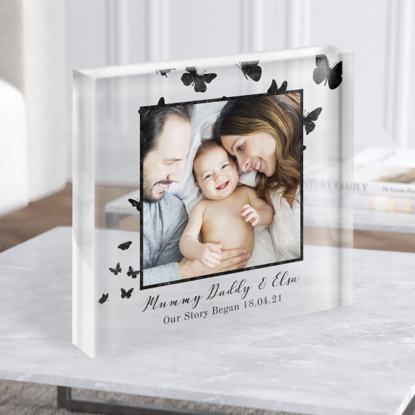 Our Story Began Square Photo & Date Black Butterflies Gift Acrylic Block