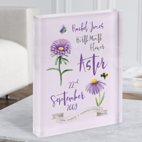 Watercolour Purple Aster September Birthday Month Flower Gift Acrylic Block