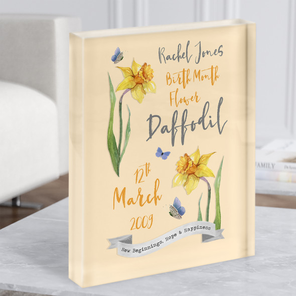 Yellow Daffodil March Birthday Month Flower Watercolour Gift Acrylic Block