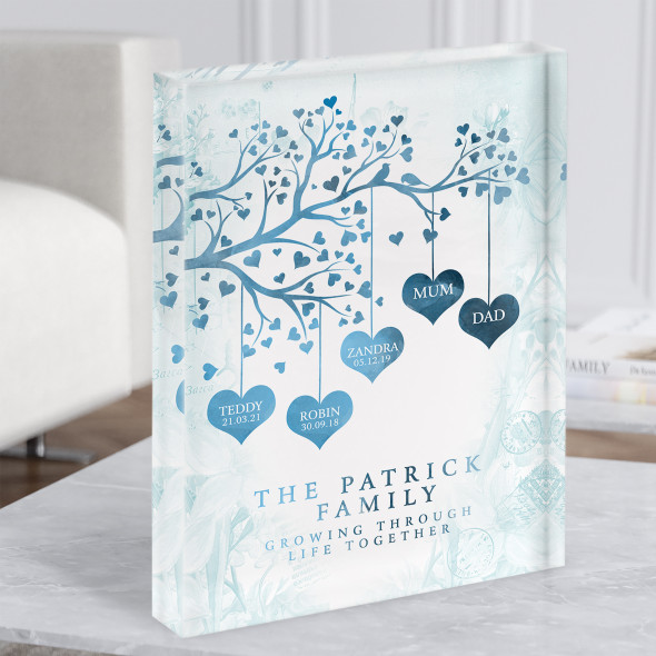 Family Tree Any Name Hearts Vintage Blue Watercolour Gift Acrylic Block