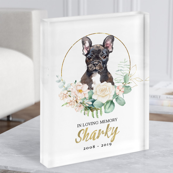 French Bulldog Pet Memorial Peach Gold Floral Wreath Gift Acrylic Block