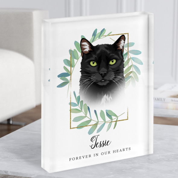 Black Cat Memorial Forever In Our Heart Green Leaves Gift Acrylic Block
