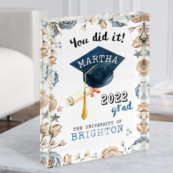 Graduation Congrats Celebration Blue Beige Floral Gift Acrylic Block