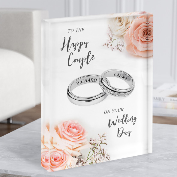 Happy Couple Silver Rings Wedding Pink Roses Married Gift Acrylic Block