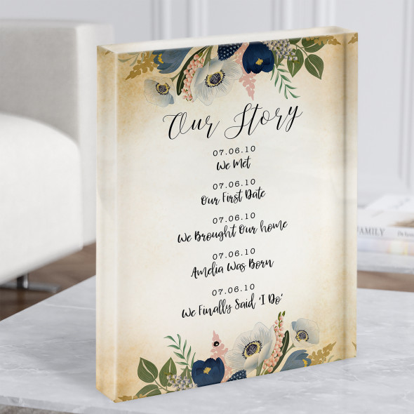 Our Story Any Occasion Any Date Vintage Blue Floral Gift Acrylic Block