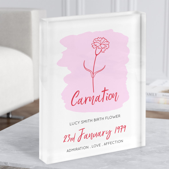 Pink Carnation January Flower Birthday Month Meaning Gift Acrylic Block