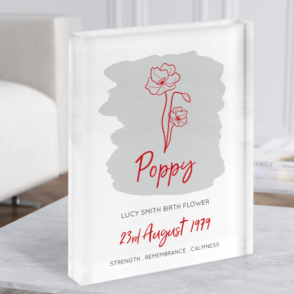 Poppy August Birthday Month Flower Red Line Art Wash Gift Acrylic Block