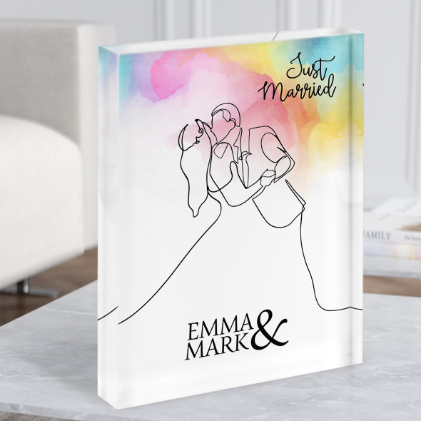 Rainbow Watercolour Wash Wedding Line Art Couple Personalised Gift Acrylic Block