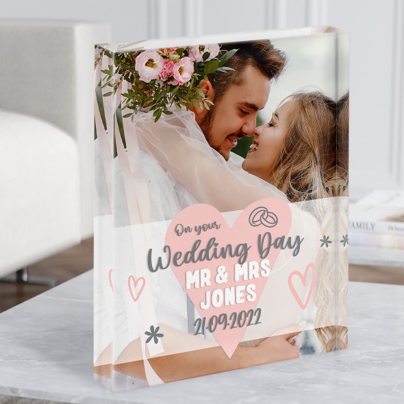 On your Wedding Day Photo Typographic Heart Banner Gift Acrylic Block