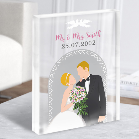 Blonde Hair Bride & Blonde Hair Groom Anniversary Gift Acrylic Block