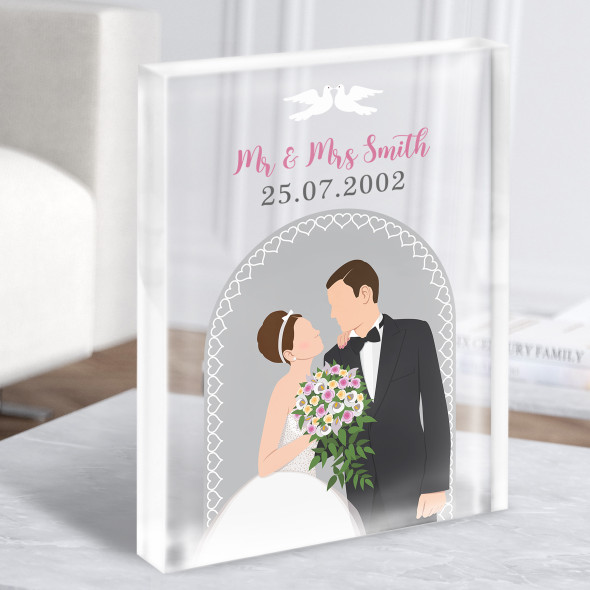 Brown Hair Bride & Brown Hair Groom Anniversary Personalised Gift Acrylic Block