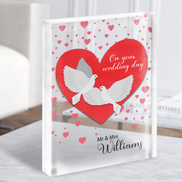 Pink Hearts Wedding Day Doves Mr & Mrs Name Personalised Gift Acrylic Block