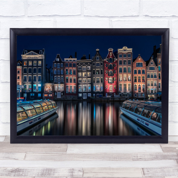 Amsterdam Night Houses Boats Water Windows Reflections Wall Art Print