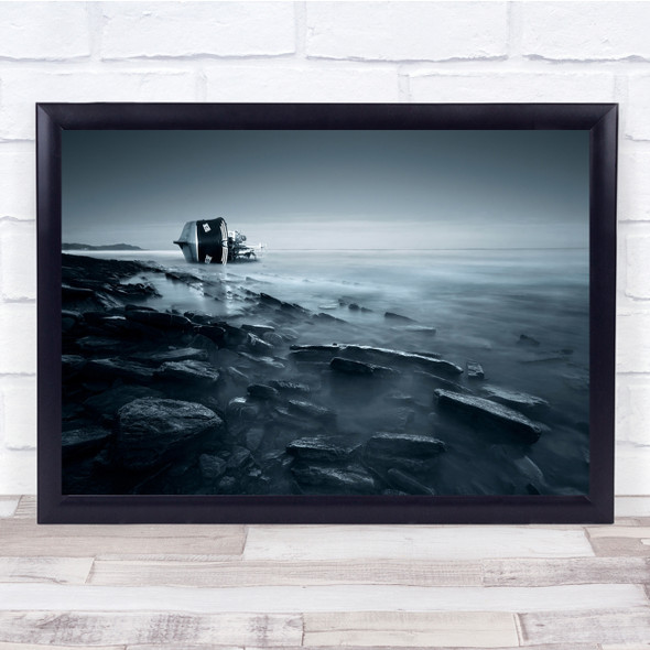 Boat Shipwreck Landscape Toned Desaturated rocks water Wall Art Print