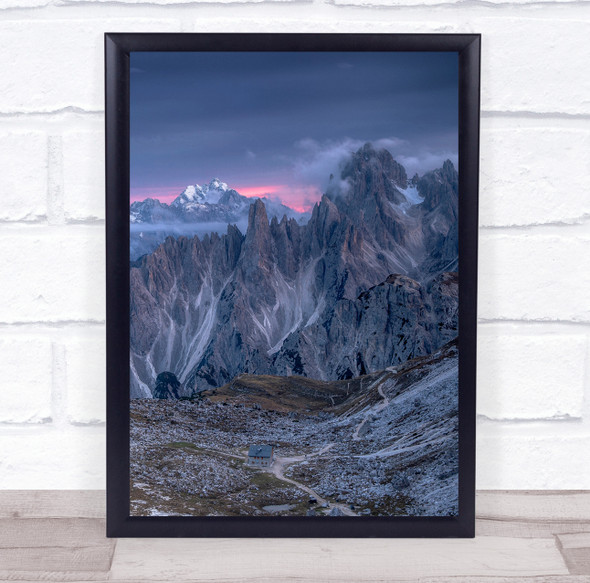 Cadini Di Misurina snowy mountain purple sky landscape Wall Art Print