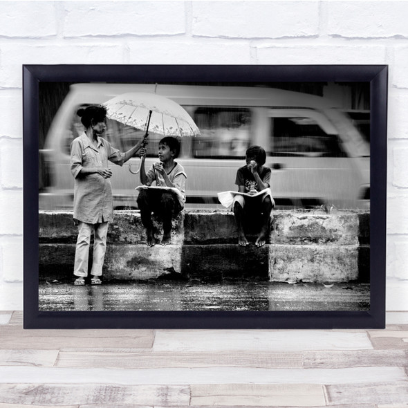 Newspapers Children Street Umbrella Rain People Family Wall Art Print