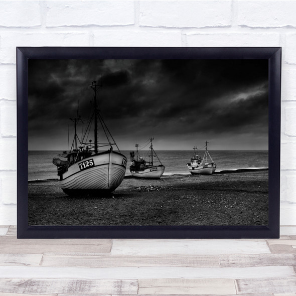 Seascape Fishing boats Beach Boat Stranded Black White Wall Art Print