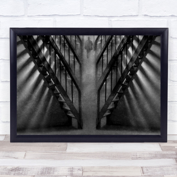 To The Final Step Symmetrical stairs man walking smoke Wall Art Print