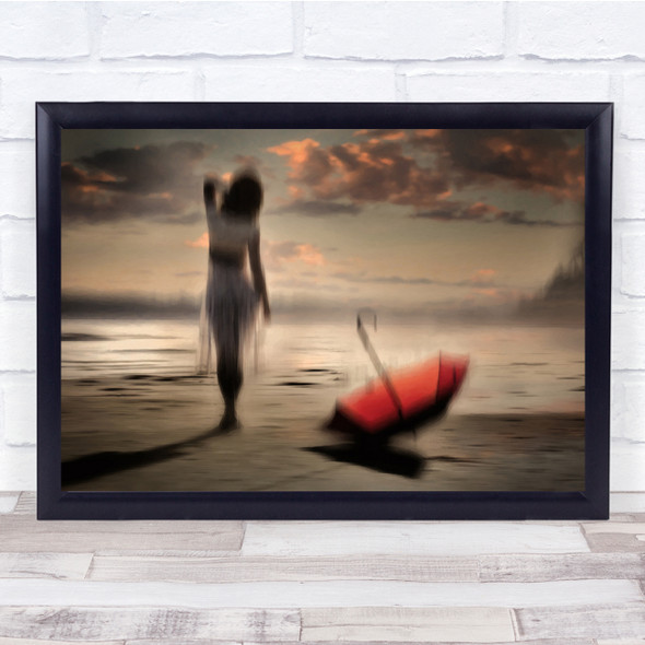 Woman Rain Beach Ocean Sunset Clouds Mood Umbrella Red Wall Art Print