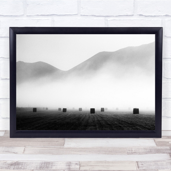 Black & White Haybail Countryside Field Fog Mist Haze Wall Art Print