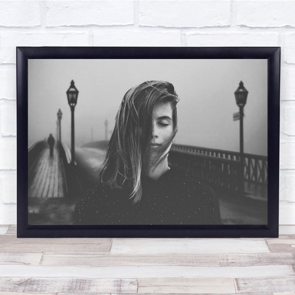 Portrait Model Woman Bridge Black & White Closed Eyes Wall Art Print