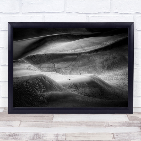 Alone Person Desert Dunes footprints Black and White Wall Art Print