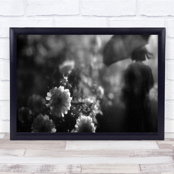 Black & White Mood Woman Umbrella Flower Sad Raining Wall Art Print