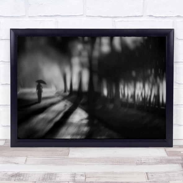 Black and white Rain Night Mood Woman Alone umbrella Wall Art Print