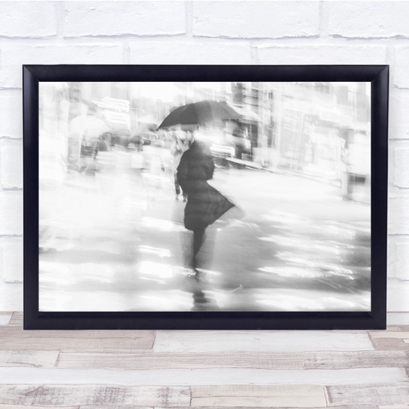 black and white Rain Umbrella Night woman silhouette Wall Art Print