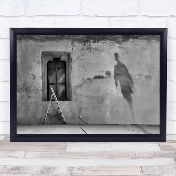 black and white window step ladder shadow silhouette Wall Art Print