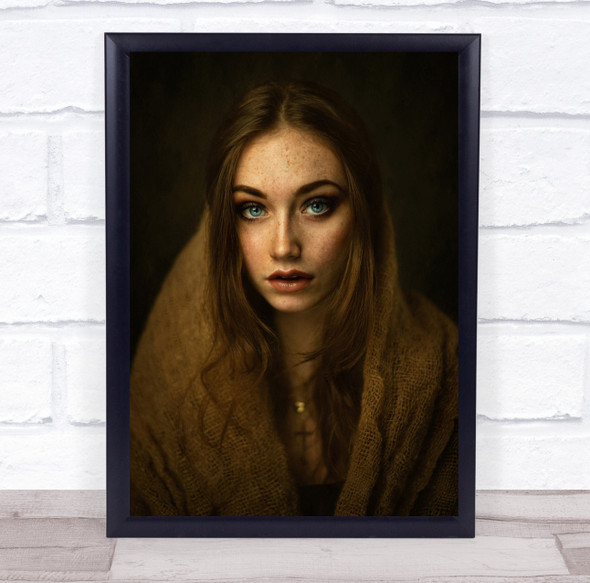 Brown Face Portrait Girl Model Woman Cross Christian Wall Art Print