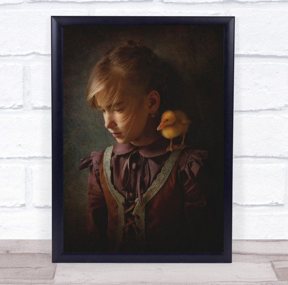 Don't Be Sad little yellow duckling on girl shoulder Wall Art Print