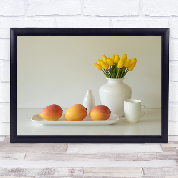 Mangoes still life kitchen white yellow flowers vase Wall Art Print