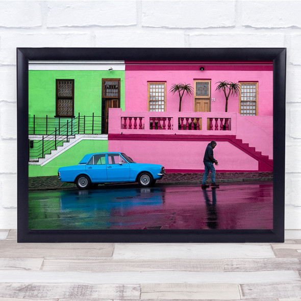 Multicolour houses Street Car Parked Pink Green Blue Wall Art Print