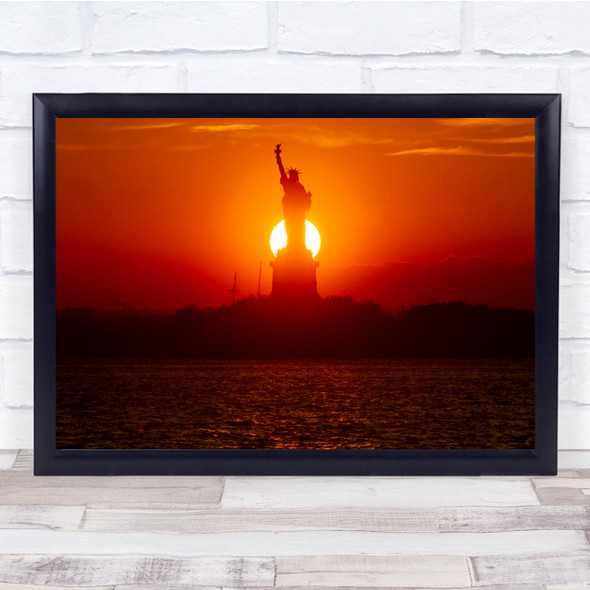 Sunset Statue Of Liberty Sun Orange Red Sky New York Wall Art Print