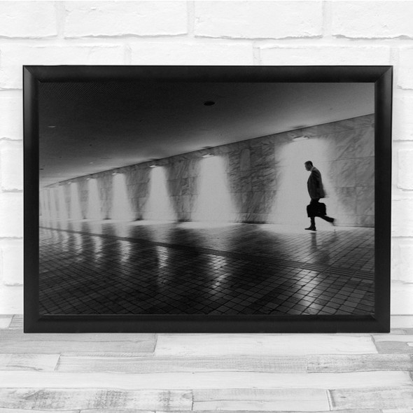 Underground Passage silhouette Walking Black & White Wall Art Print