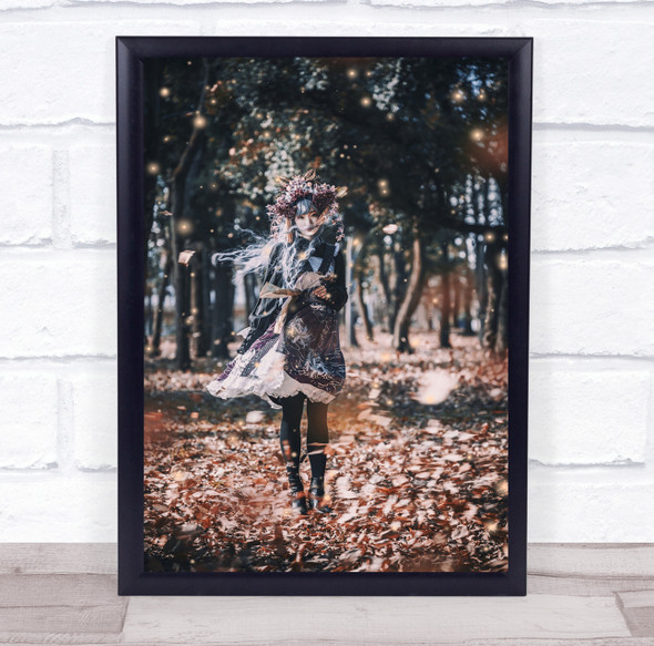 With The Wind autumn leaves Asian woman floral dress Wall Art Print