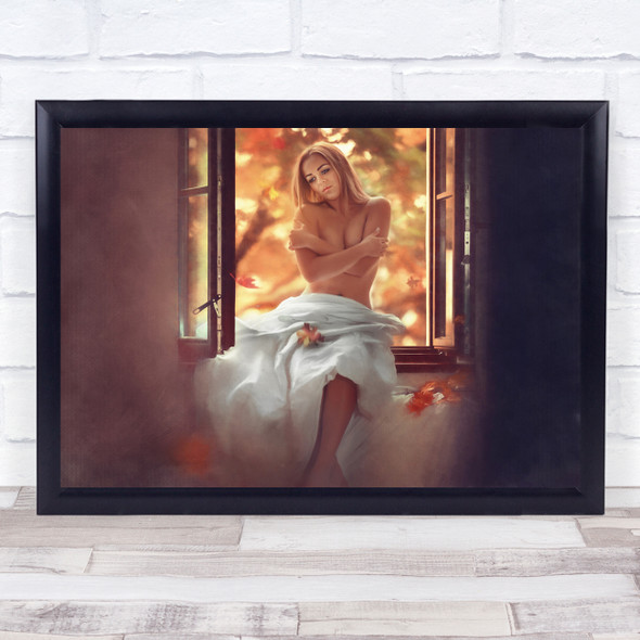 Autumn Mood woman topless white dress window autumn Wall Art Print